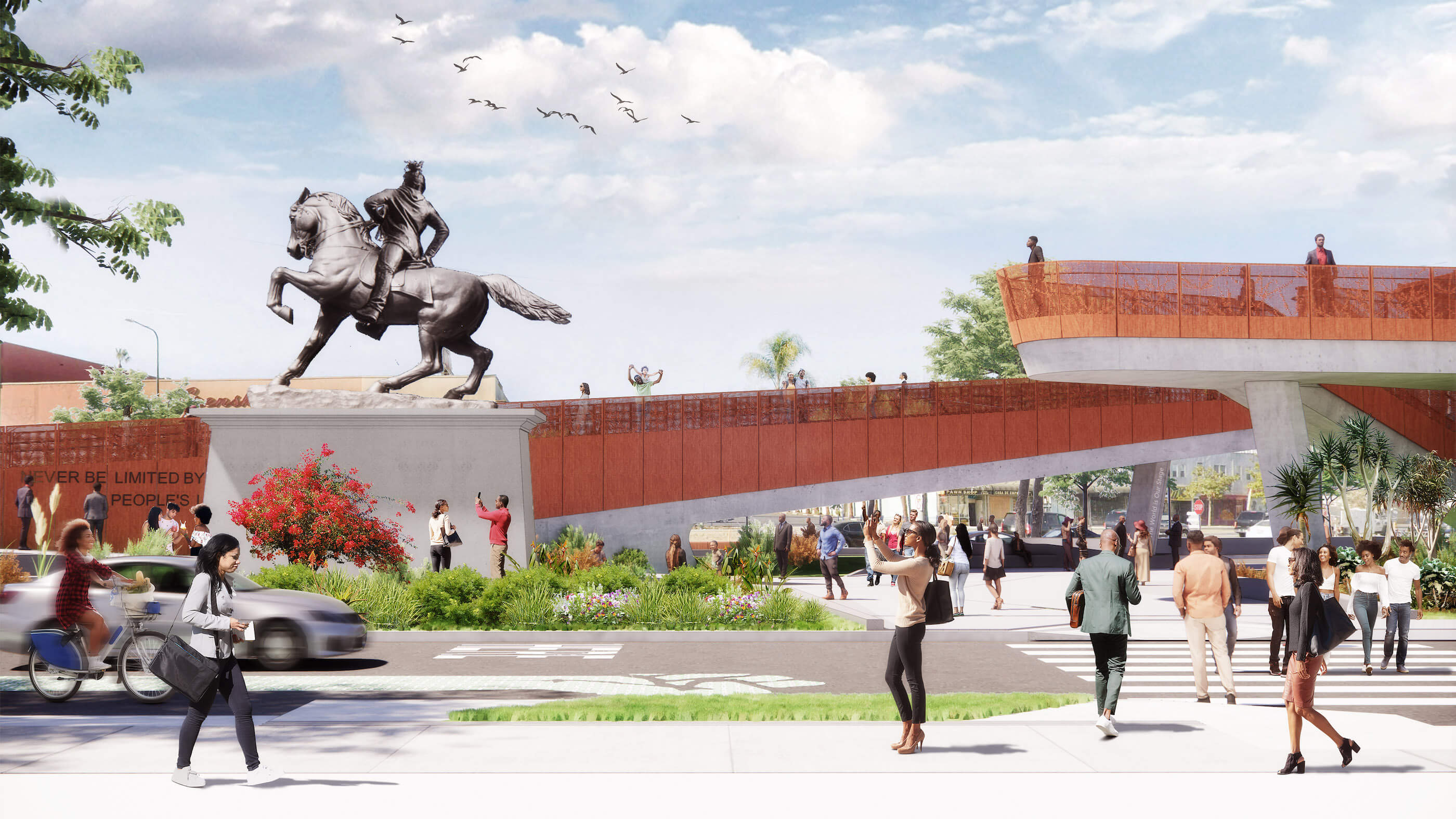 rendering of a large equestrian sculpture in park