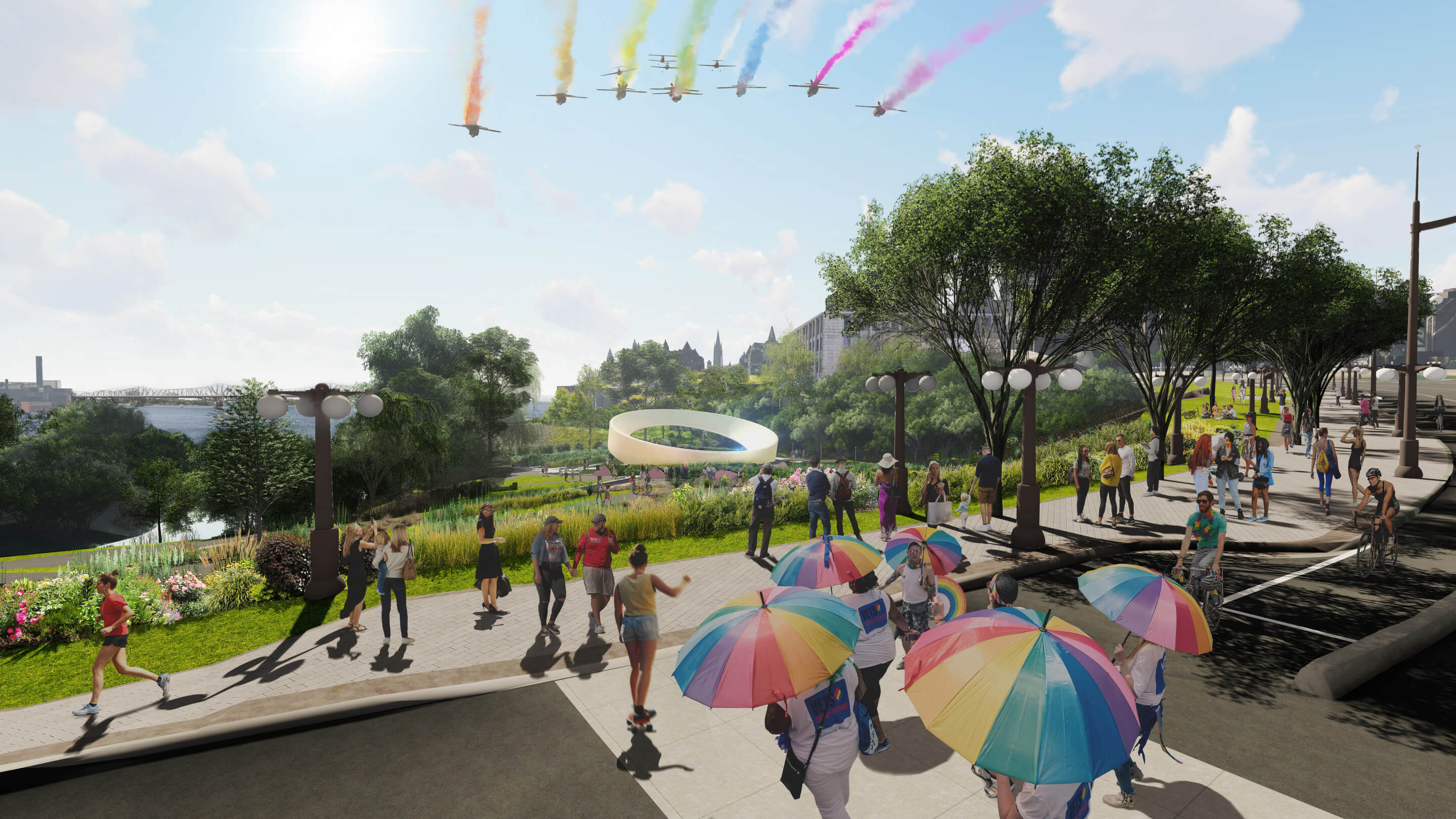 rendering of people with rainbow umbrellas at a lgbtq monument/green space