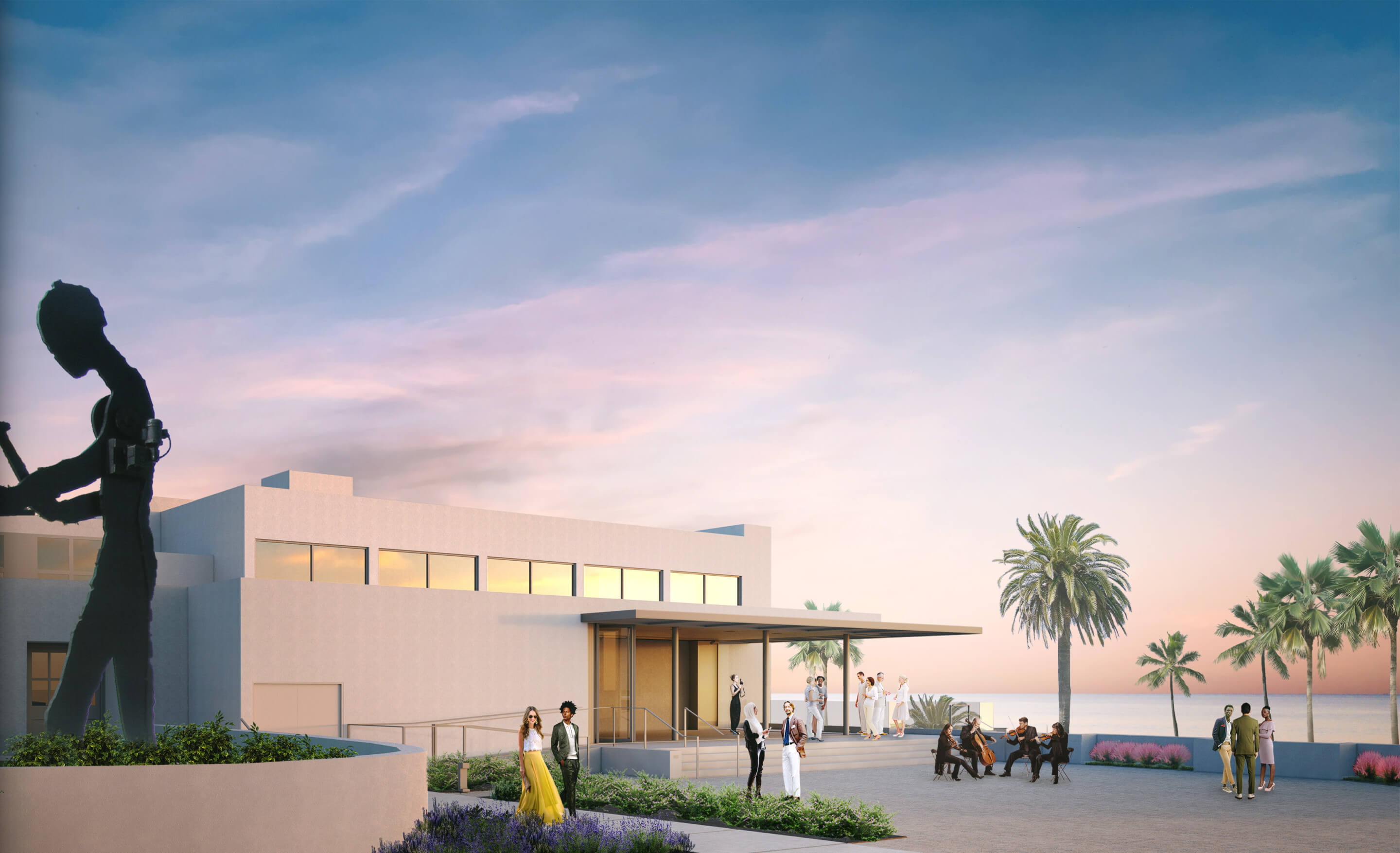 rendering of a san diego museum campus pictured at sunset