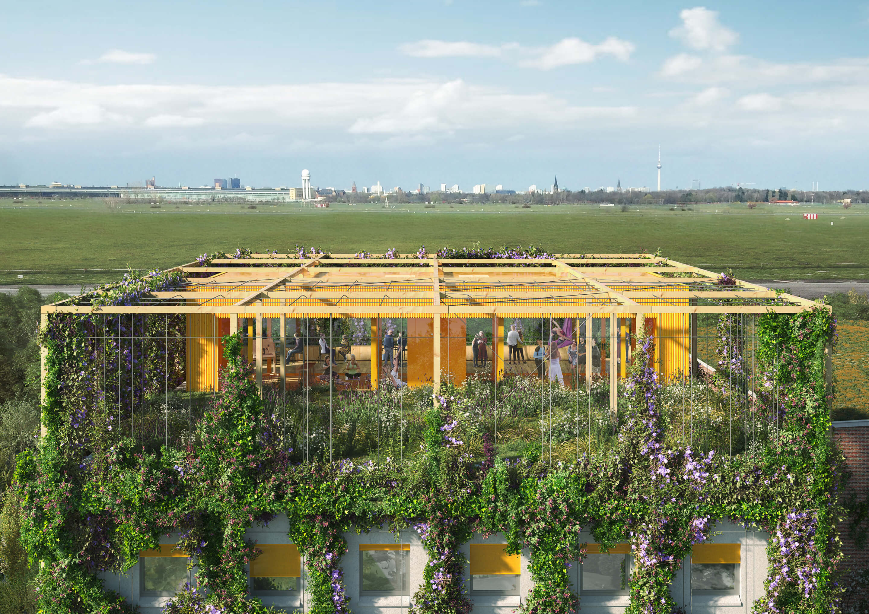 a lively rooftop terrace overlooking a decommissioned airport