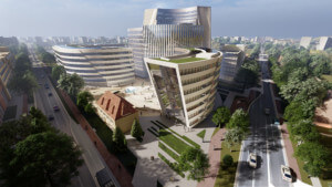 rendering of an office park with towers at the Filmpark Babelsberg