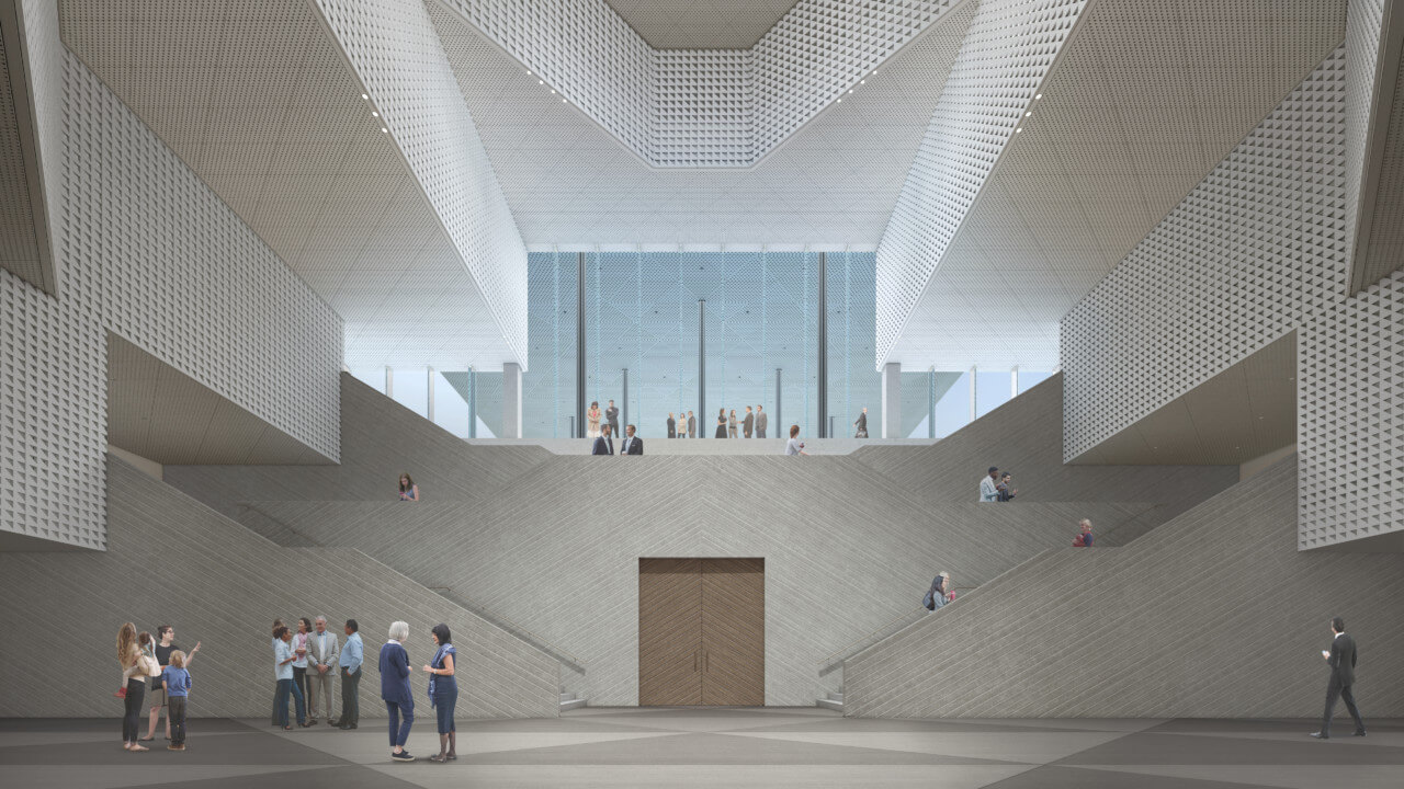 Interior of the Ismaili Center Houston with overlapping stone