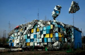 an AI-generated house built from recycled trash