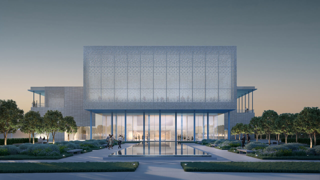 The Ismaili Center Houston, showing a mesh covered volume