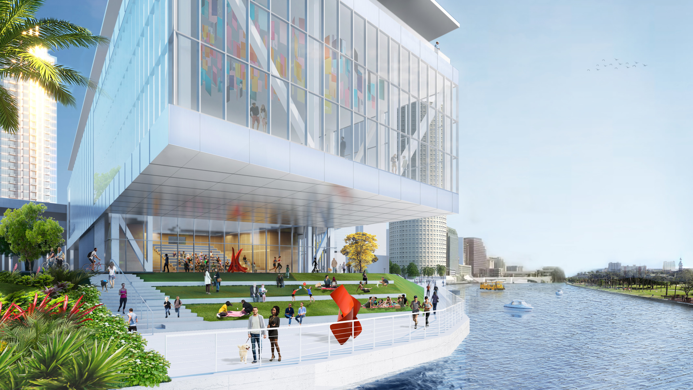 rendering of a museum expansion with people walking along a riverfront park