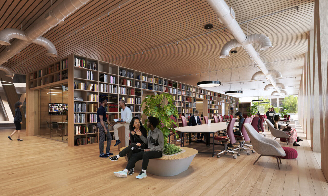rendering of a wood-clad library space