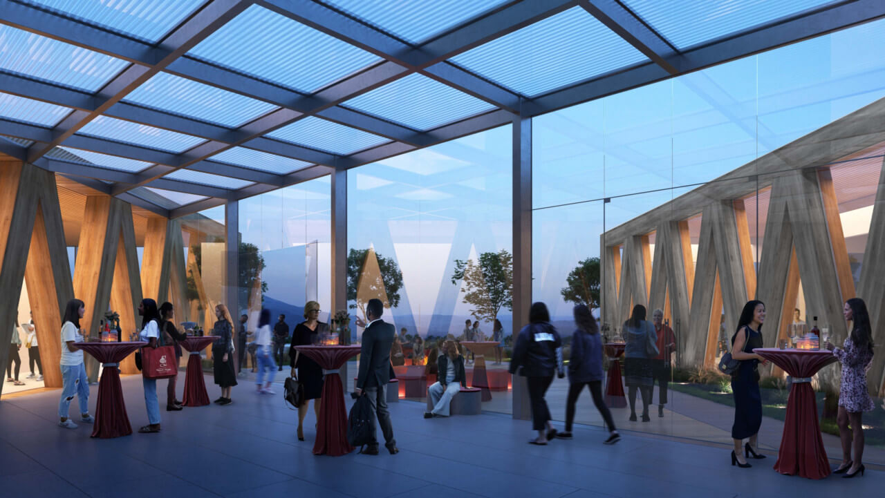 rendering of people congregating in an enclosed terrace area