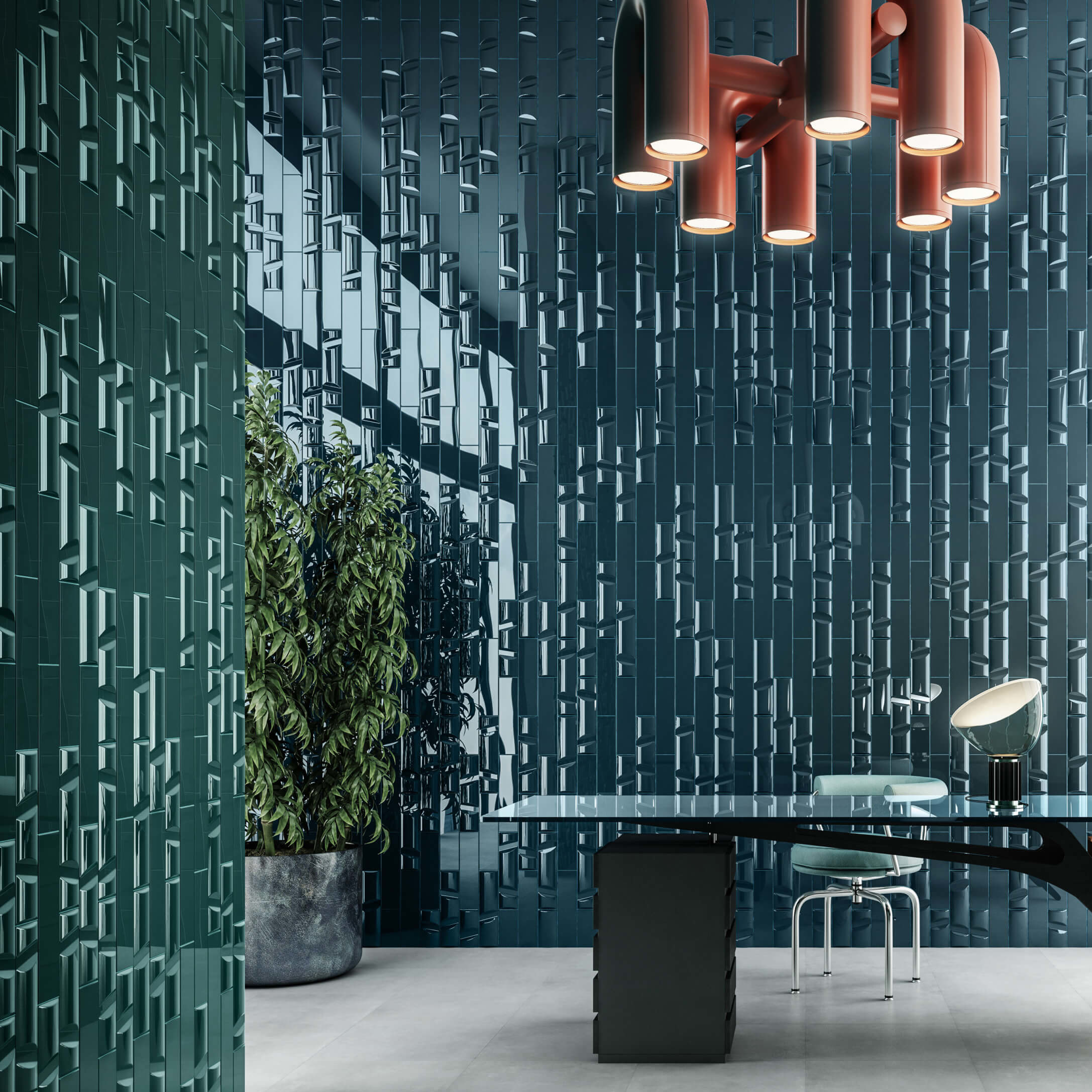 Lamps, a table, desk, a indoor plant within an interior clad in geometric tiles