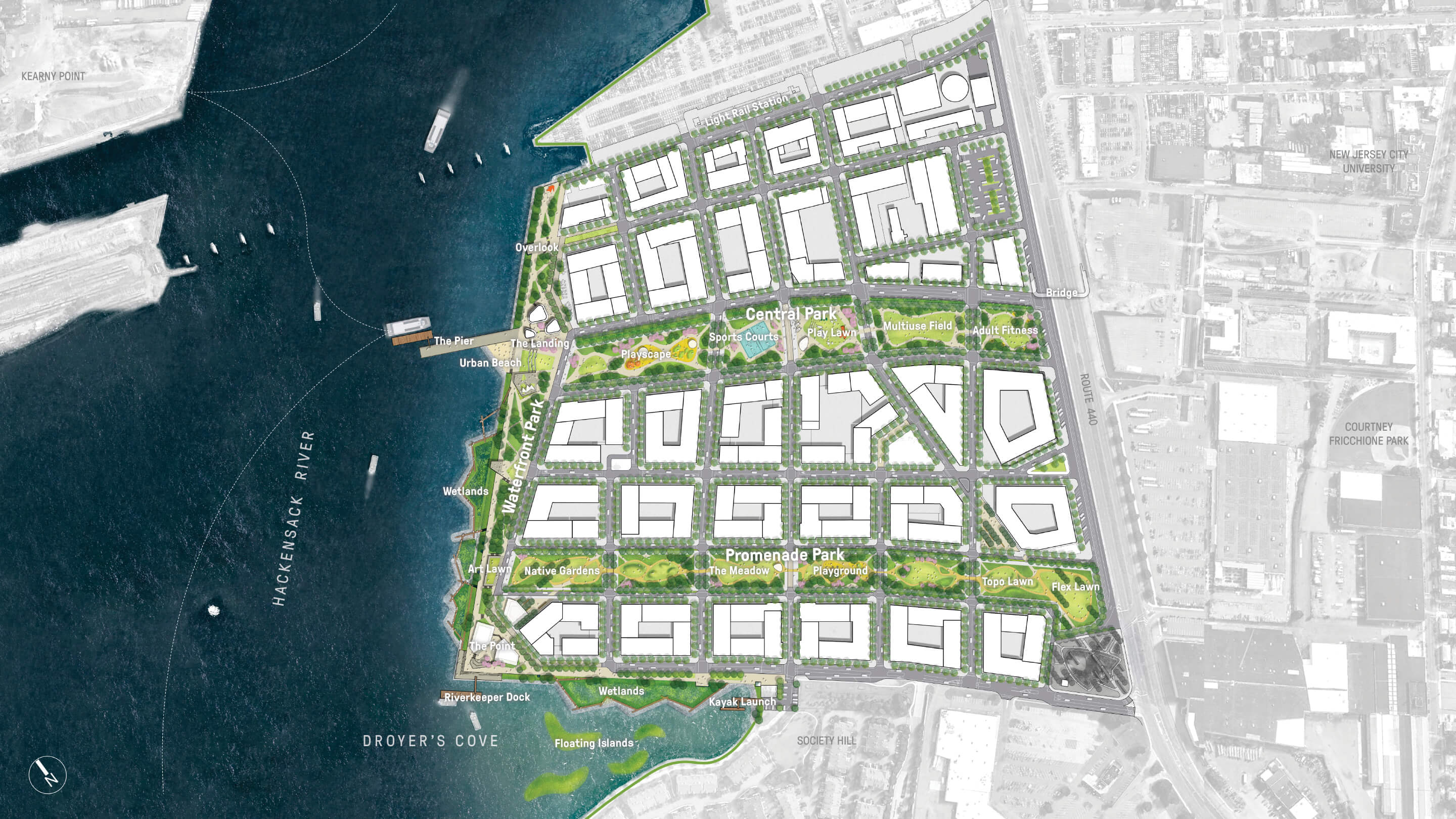 An aerial site plan of the bayfront redevelopment on the hackensack river