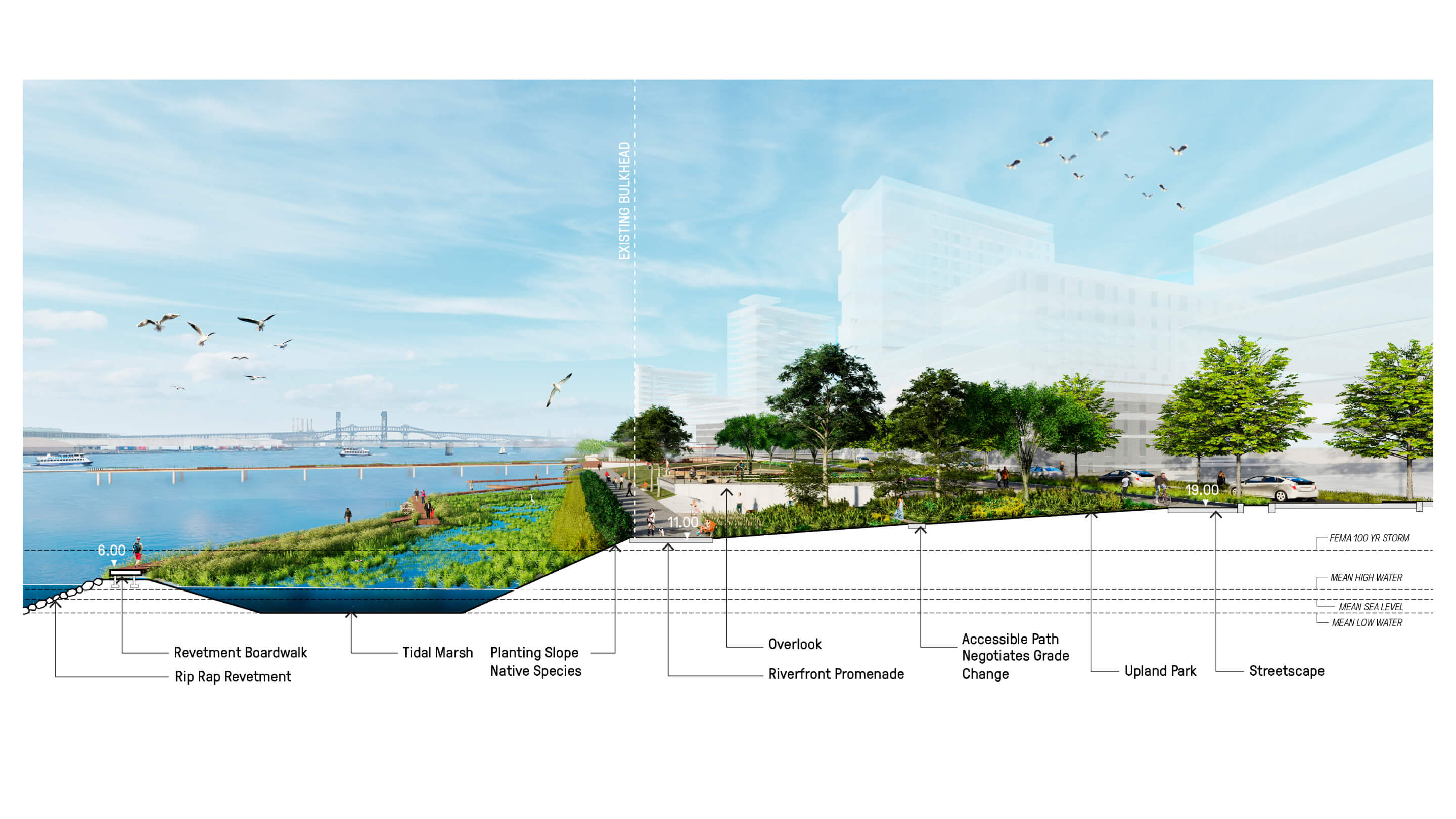 A cross section of a park built on infill going to the water's edge