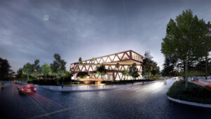 rendering of a stacked academic building with a truss facade at night