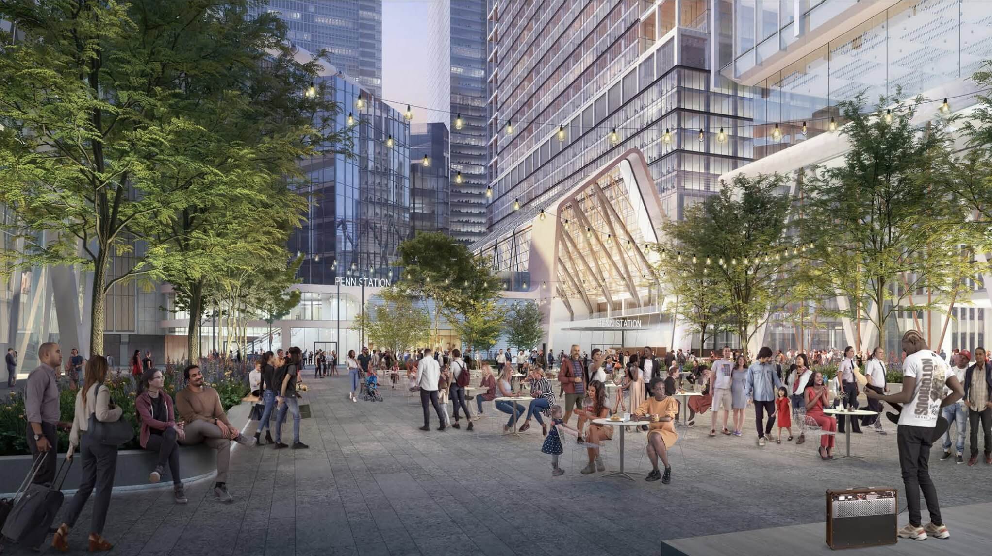 rendering of a lively outdoor plaza near penn station