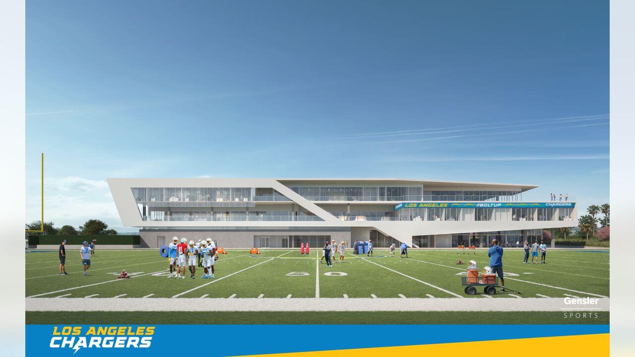 illustration of an nfl training facility with a field and adjacent building