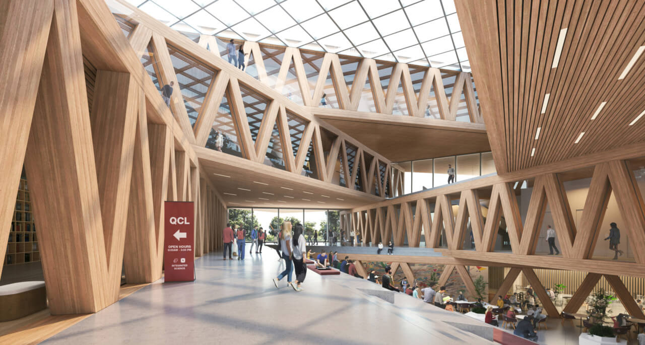 rendering of large atrium with timber trusses in