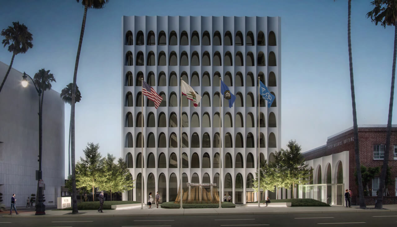 rendering of a midcentury mid-rise office building with an arched concrete facade designed by Edward Durell Stone