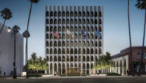 rendering of a midcentury mid-rise office building with an arched concrete facade designed by Edward Durell Stone