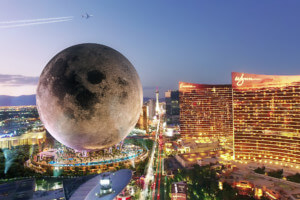 rendering of a giant fake moon on the las vegas strip