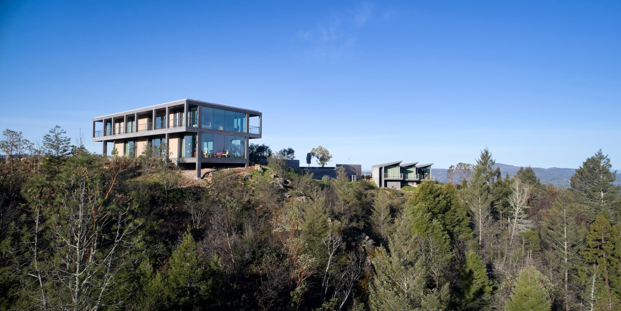 a modern house perched on a wooded bluff