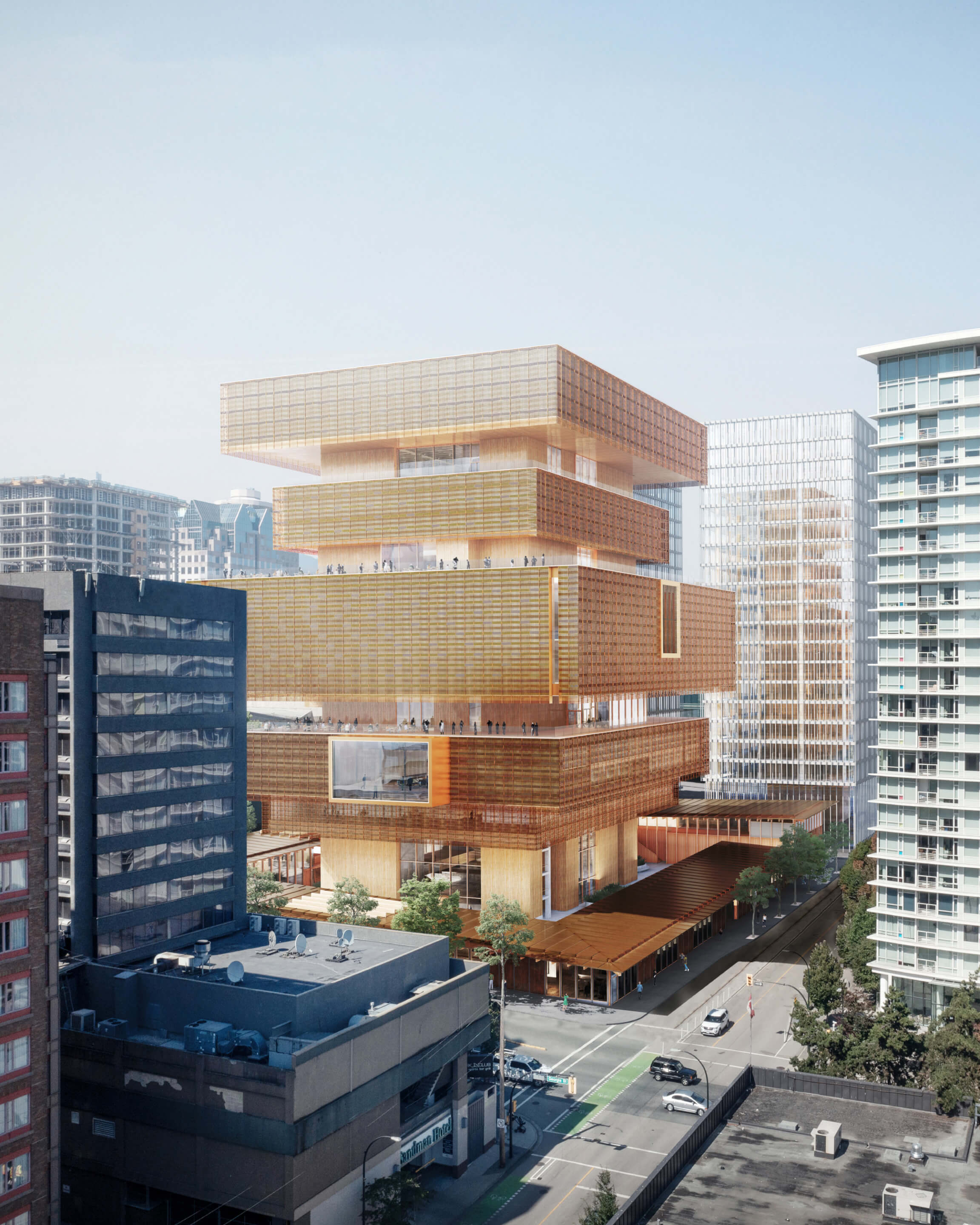 rendering of a stacked museum building with a basket-weave facade