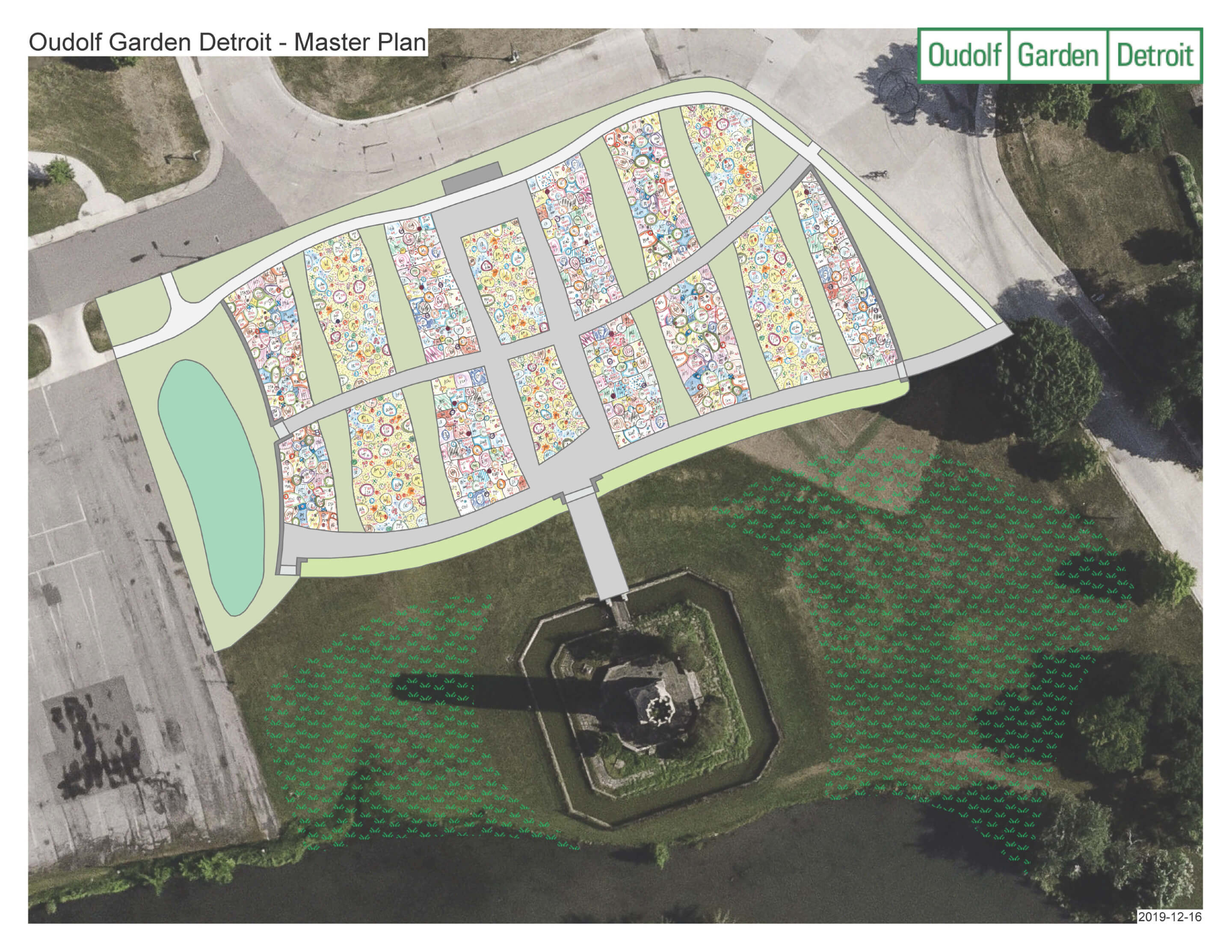 An aerial site plan of a large rectangular garden