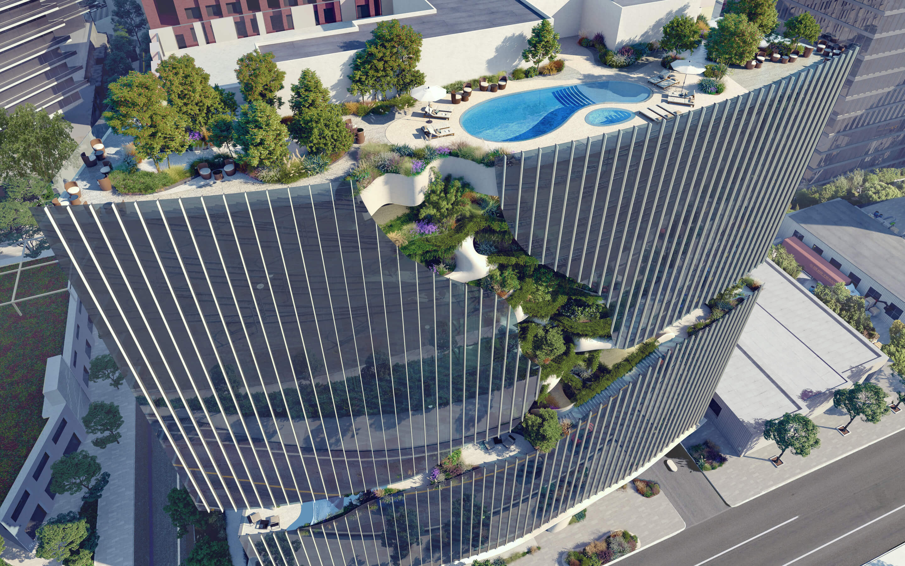rendering of an apartment tower with a roof deck and landscaped "chasm"