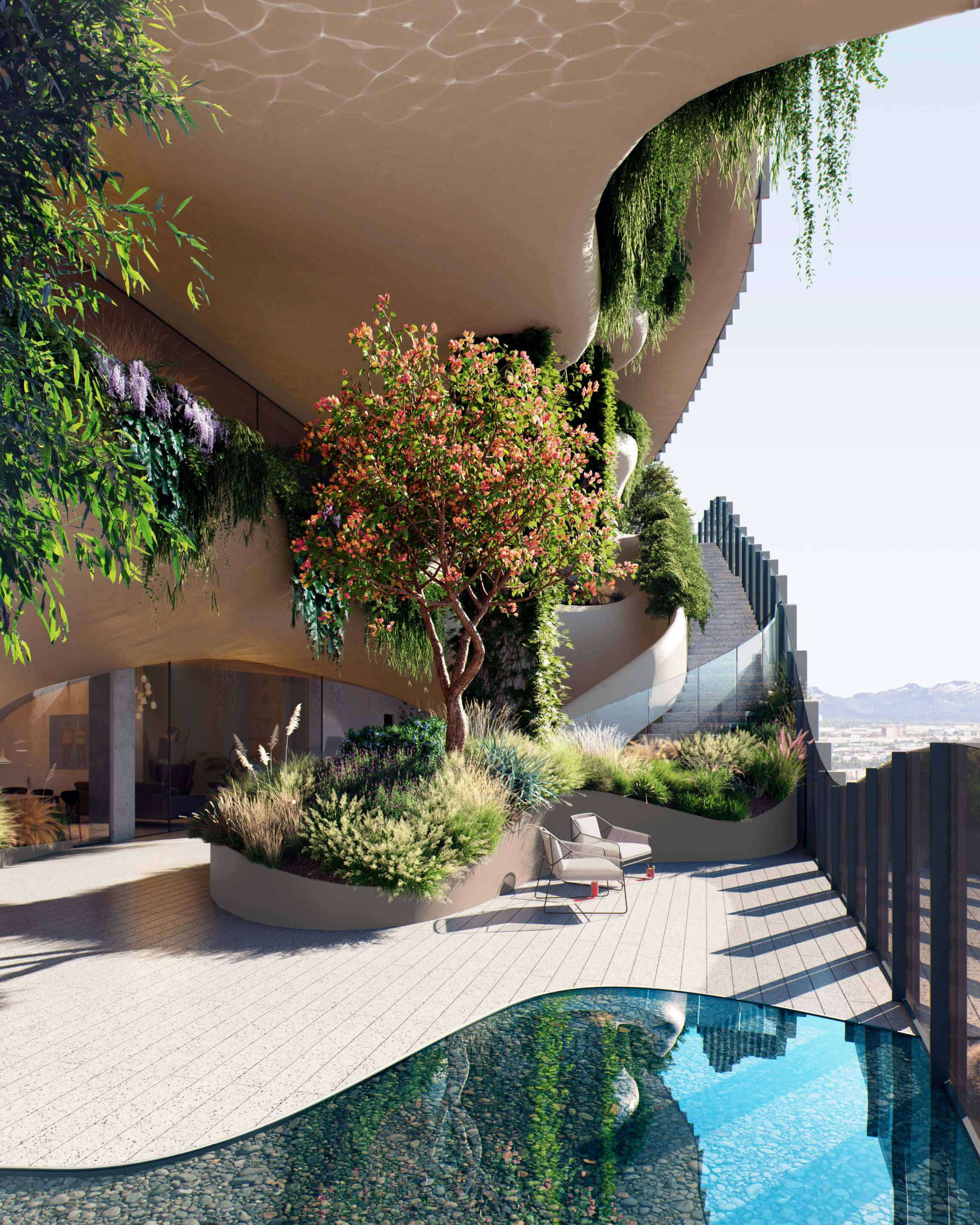 rendering of a curvaceous landscaped apartment terrace