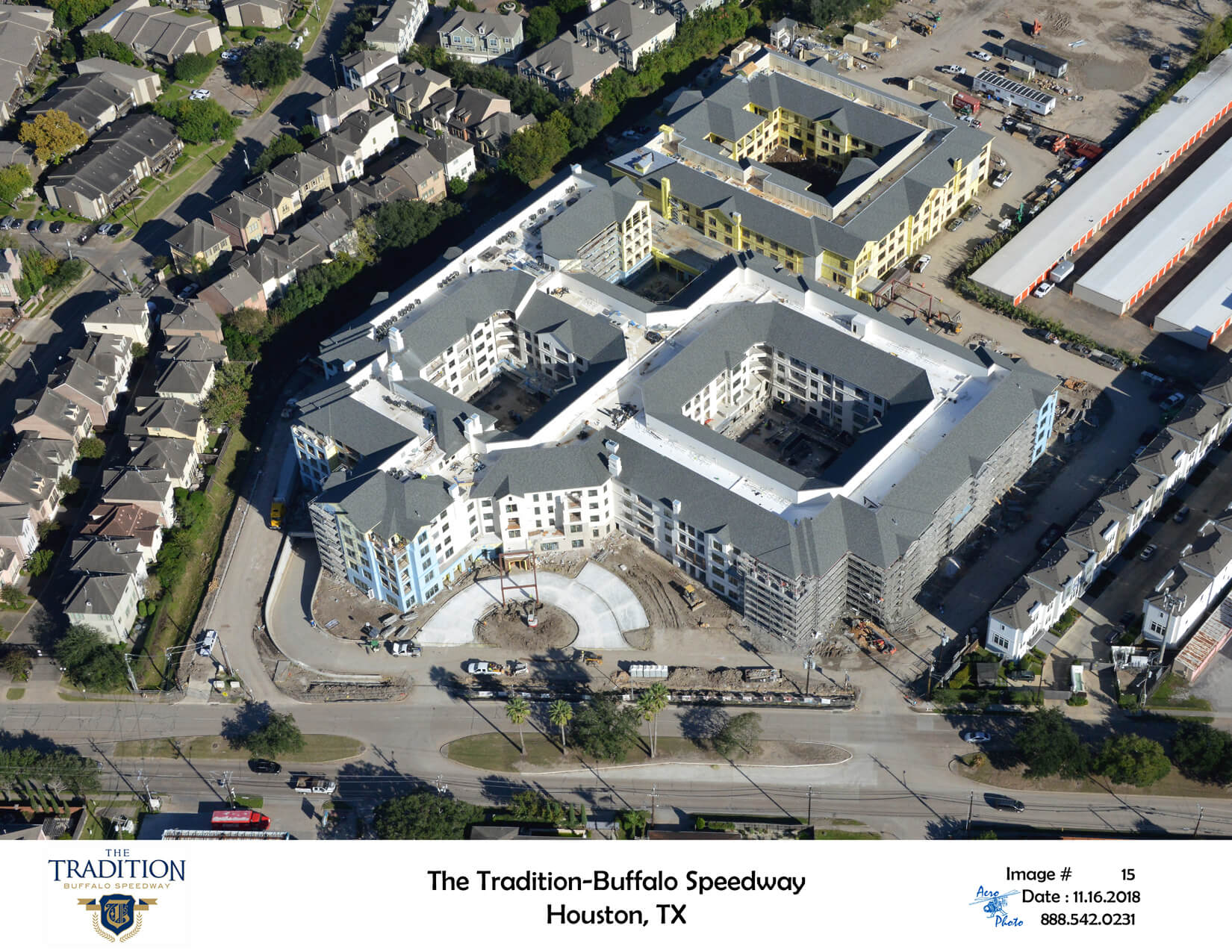 aerial photo of The Tradition-Buffalo Speedway, a square senior living facility