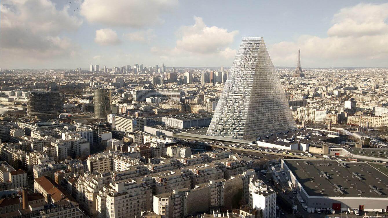 rendering of a pyramid-shaped glass skyscraper and the paris skyline