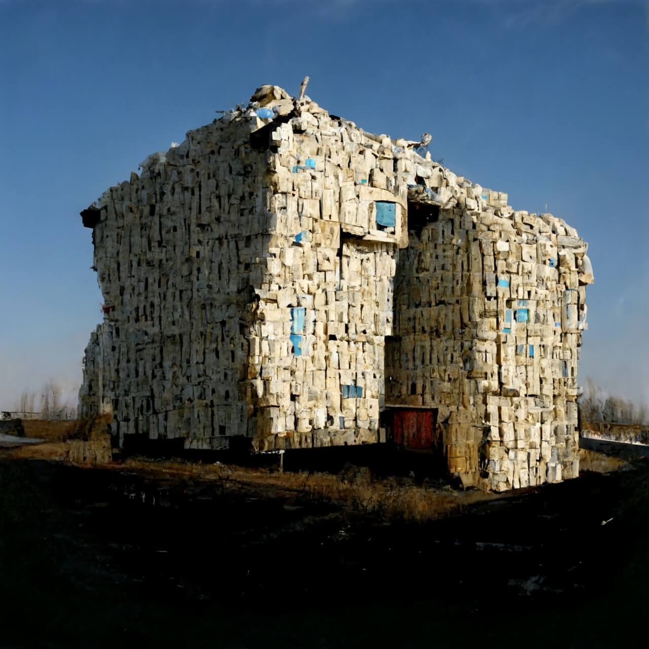 an AI-generated house built from recycled trash