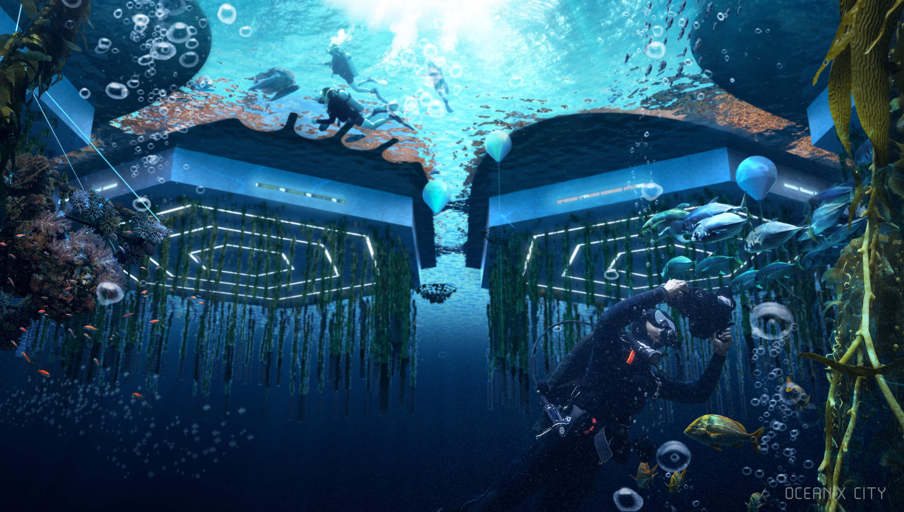 rendering of a scuba diver tending to an underwater farm