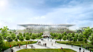 exterior rendering of a soccer stadium with parkland in front