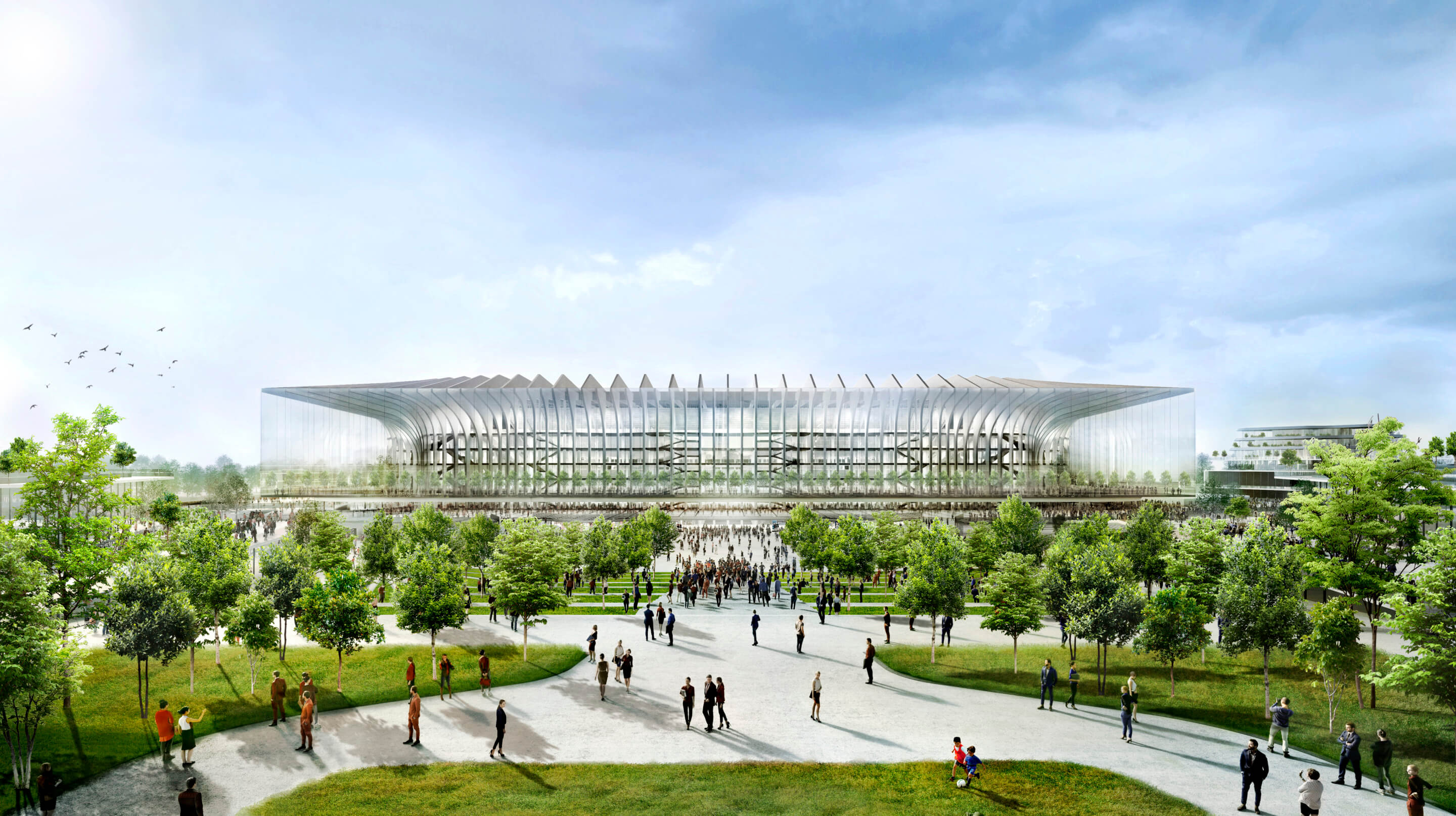 exterior rendering of a soccer stadium with parkland in front