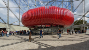 a red donut-shaped pavilion