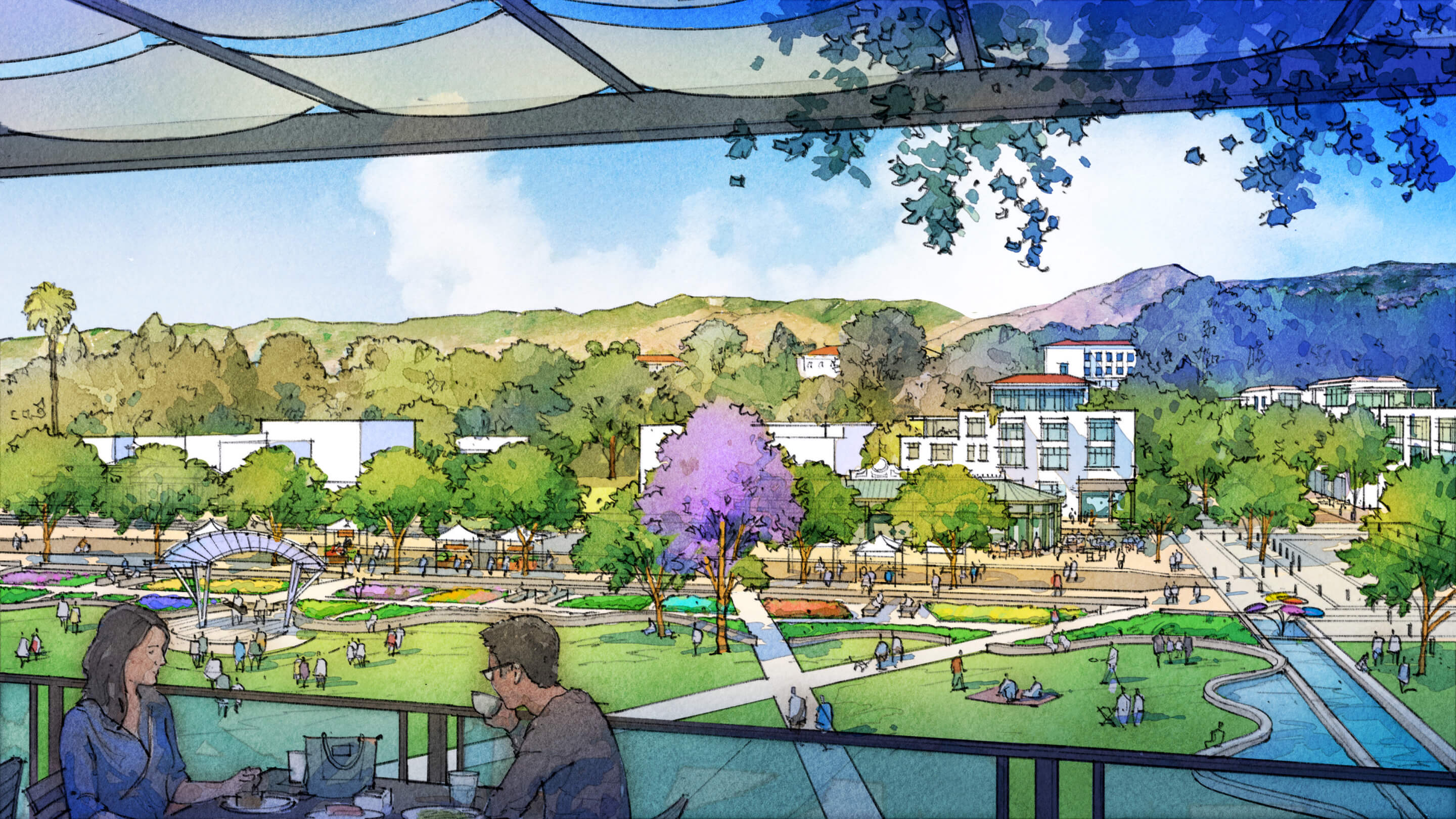 watercolor rendering of a large village green in a development 