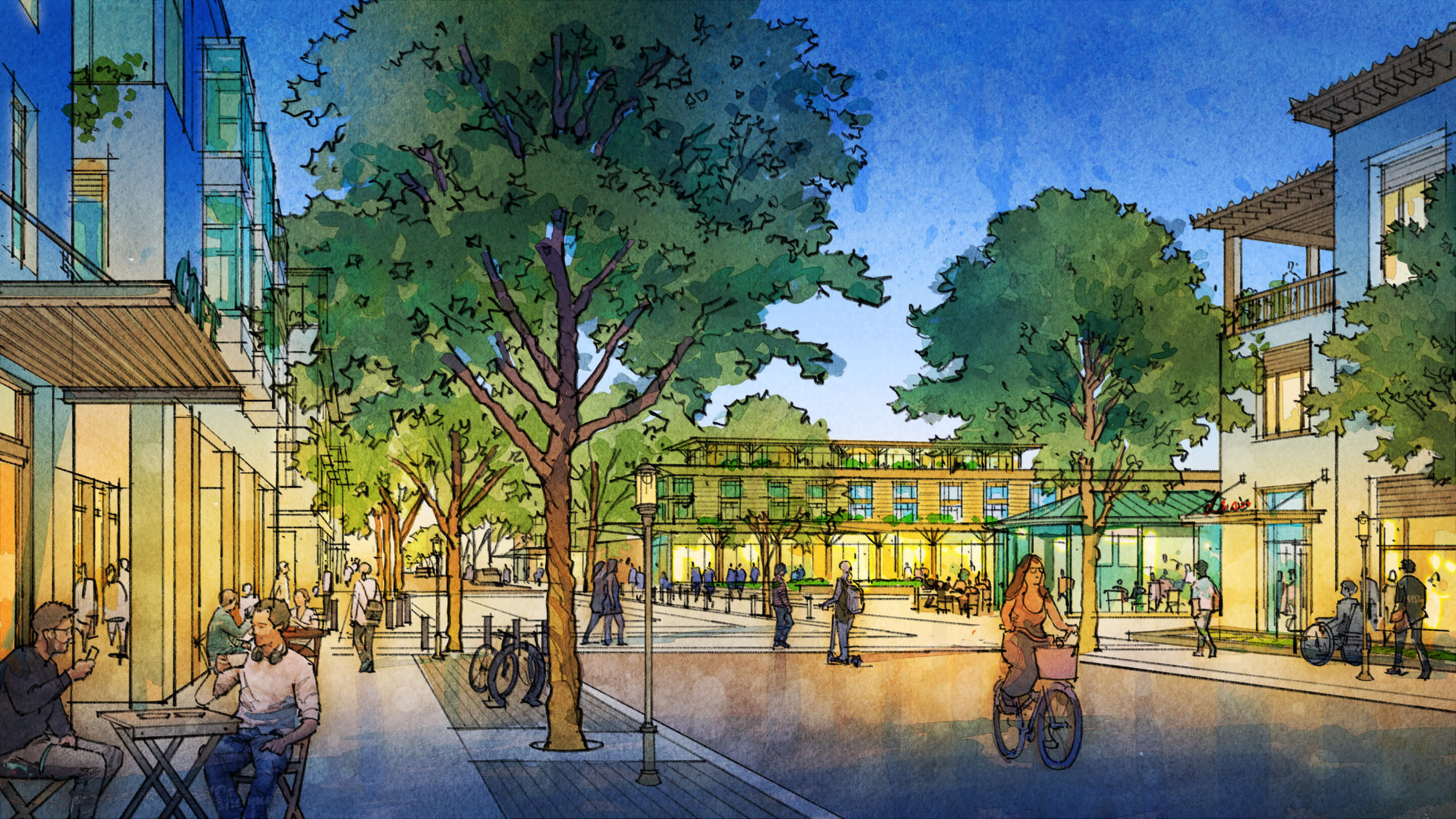watercolor rendering of a bustling pedestrianized street