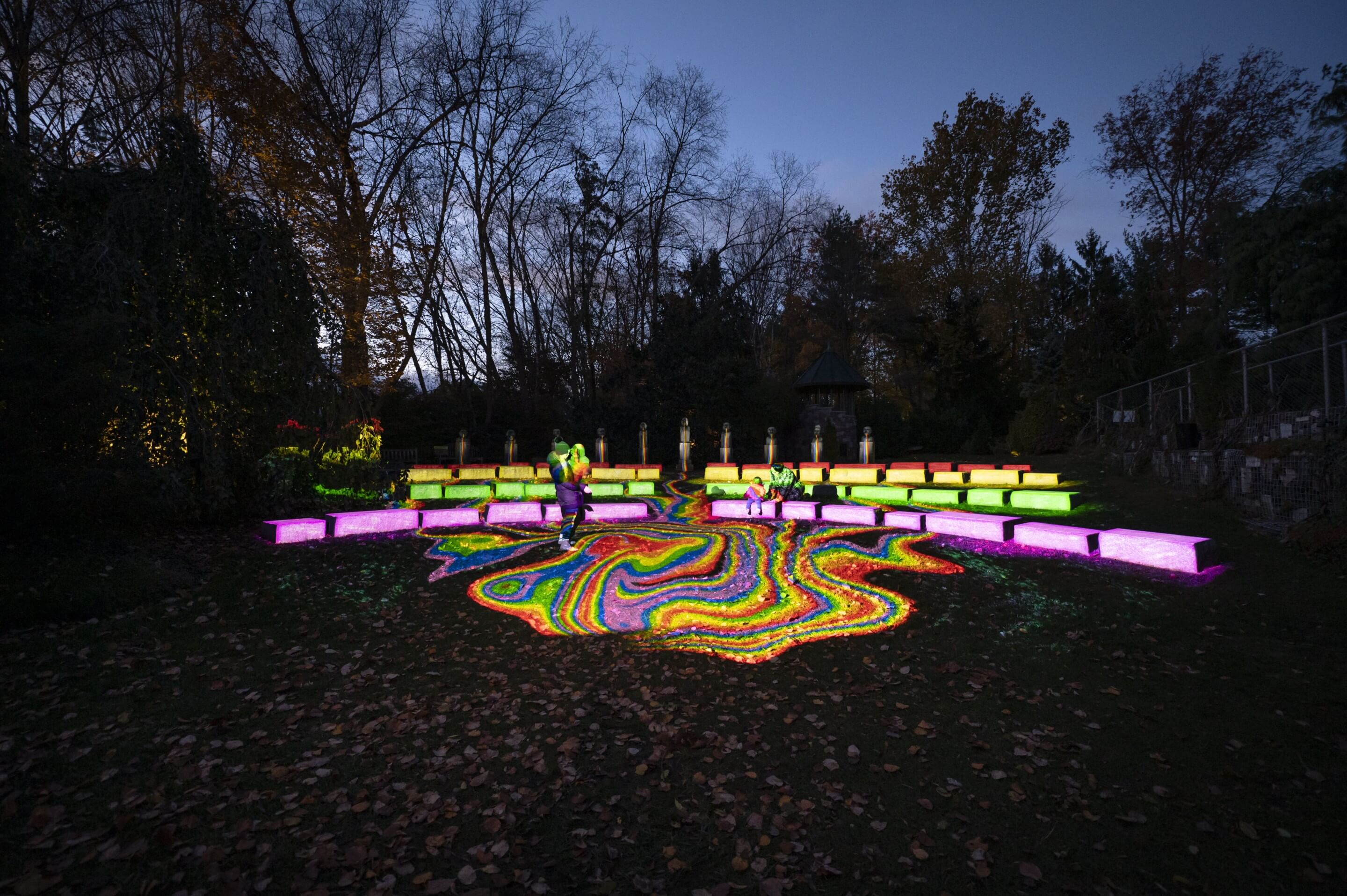 A multicolored installation at night