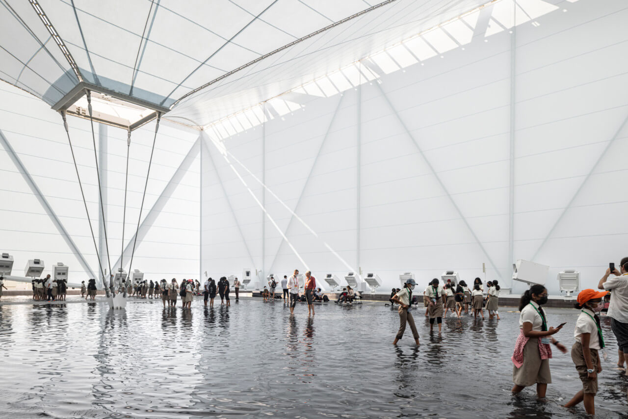 Inside a white box pavilion at expo 2020 dubai