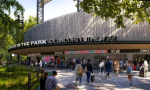 rendering of an outdoor theater entrance at central park, the Delacorte Theater
