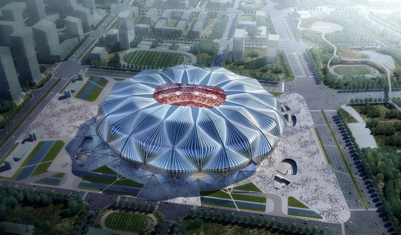 Aerial rendering of a stadium in china