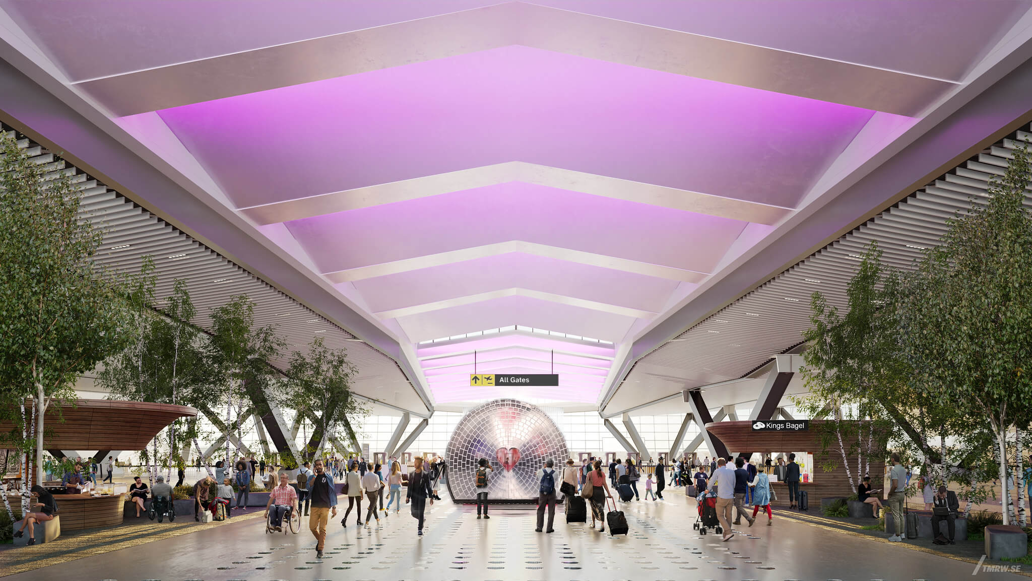 rendering of an airport departures hall at jfk international airport with a big mirrored ball