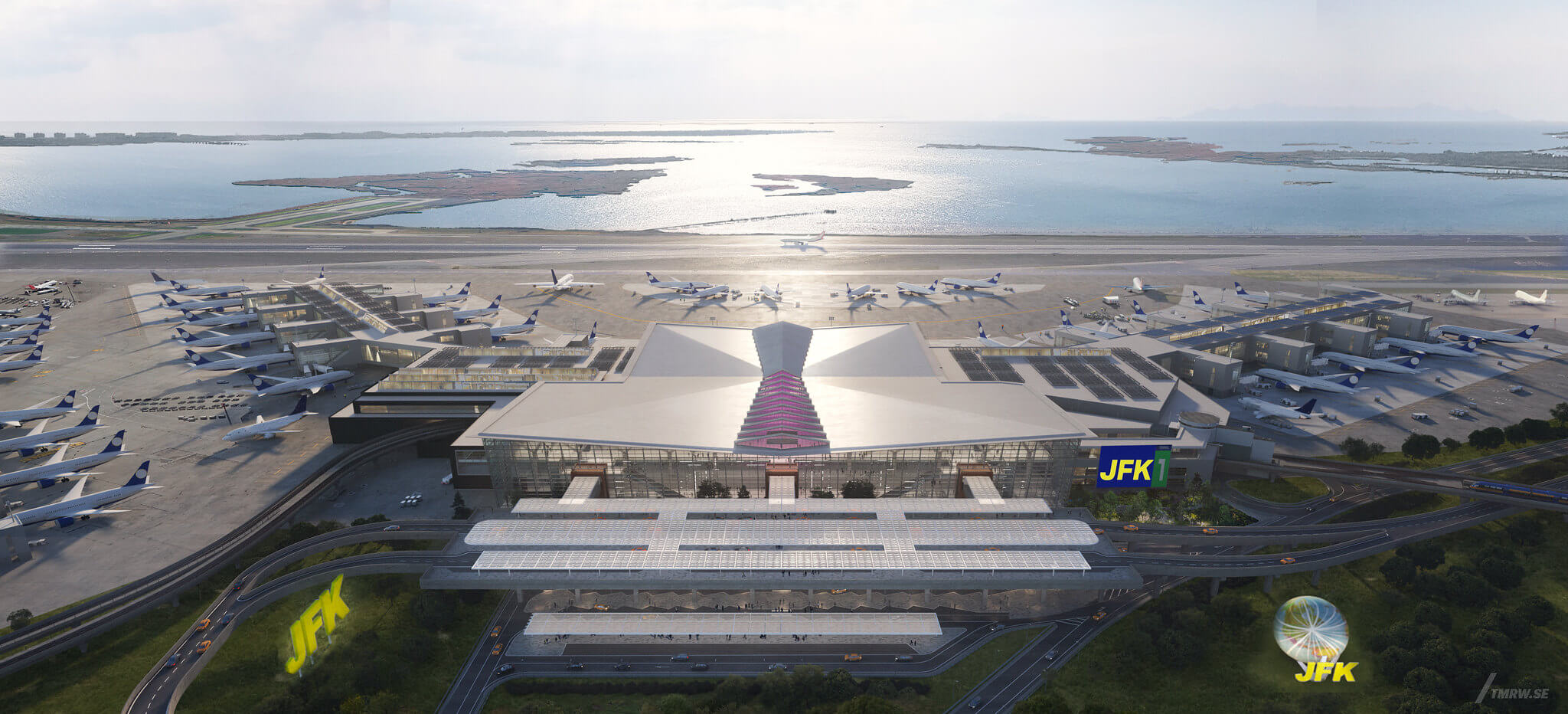 aerial rendering of an airport terminal at jfk international airport with a big sign