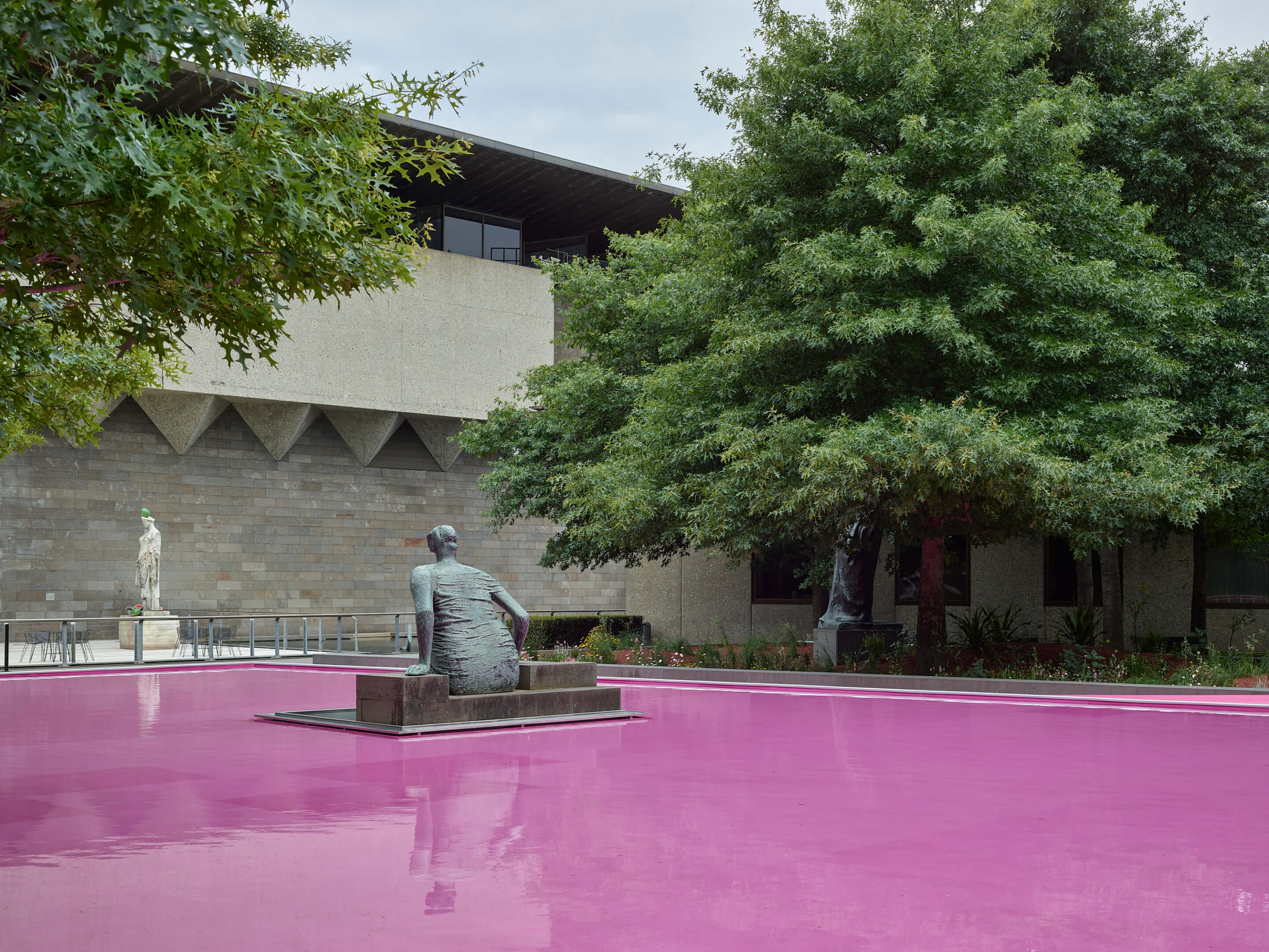 people standing in a pink pool