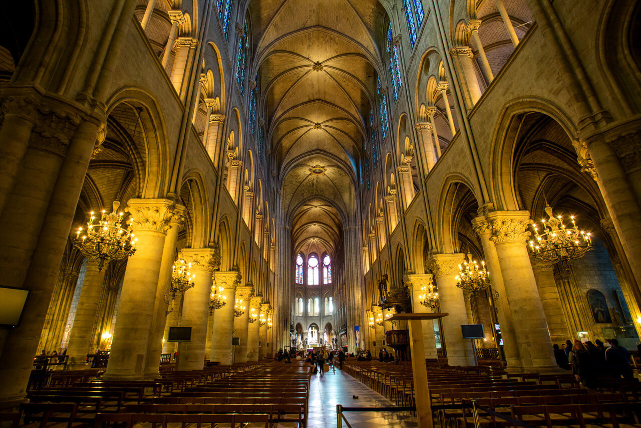 soaring interior of a historic cathedral in paris, notre dame