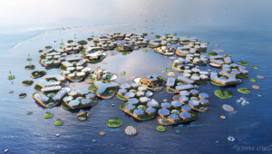 rendering of a floating city with floating housing modules form oceanix