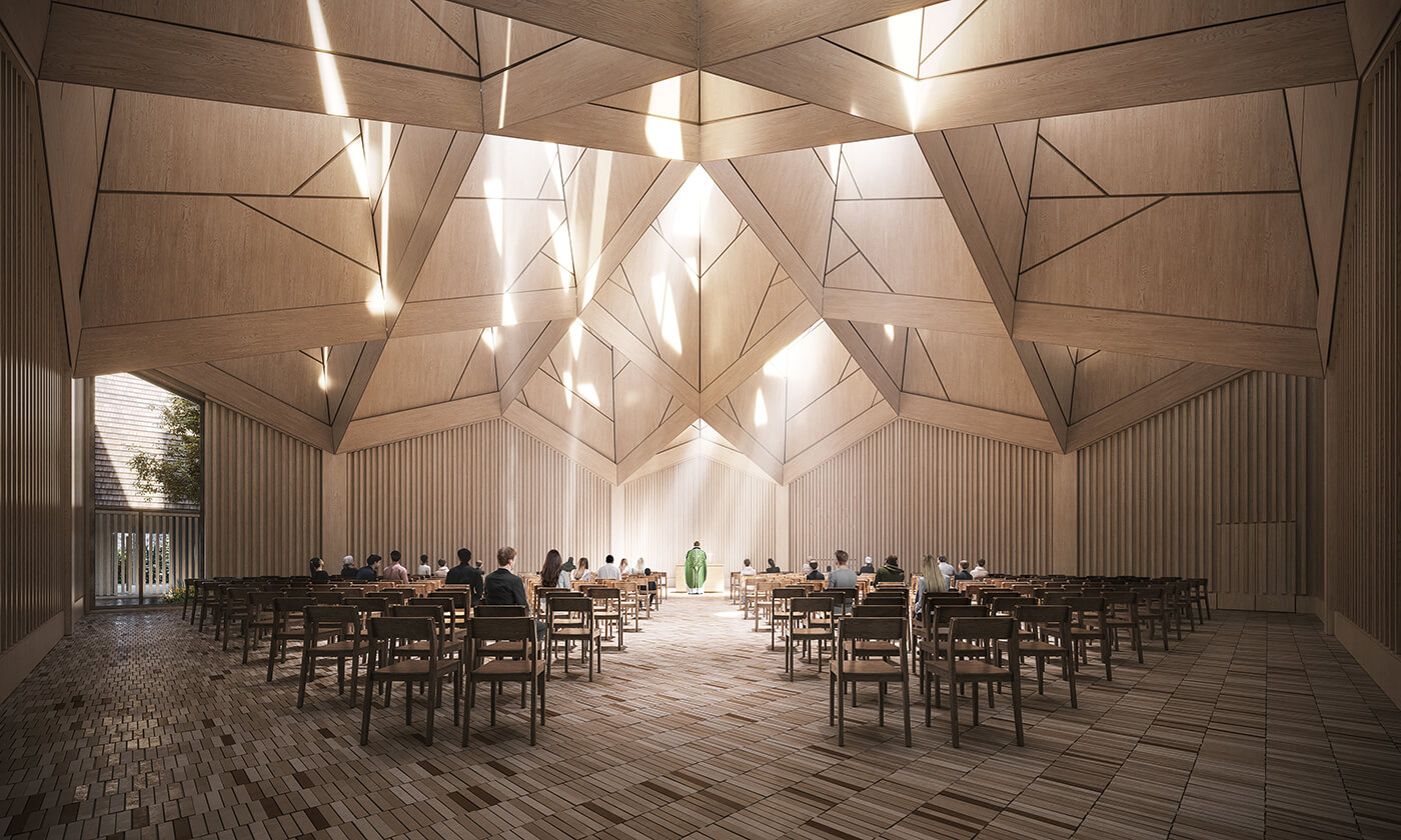 rendering of a contemporary chapel with light flooding in