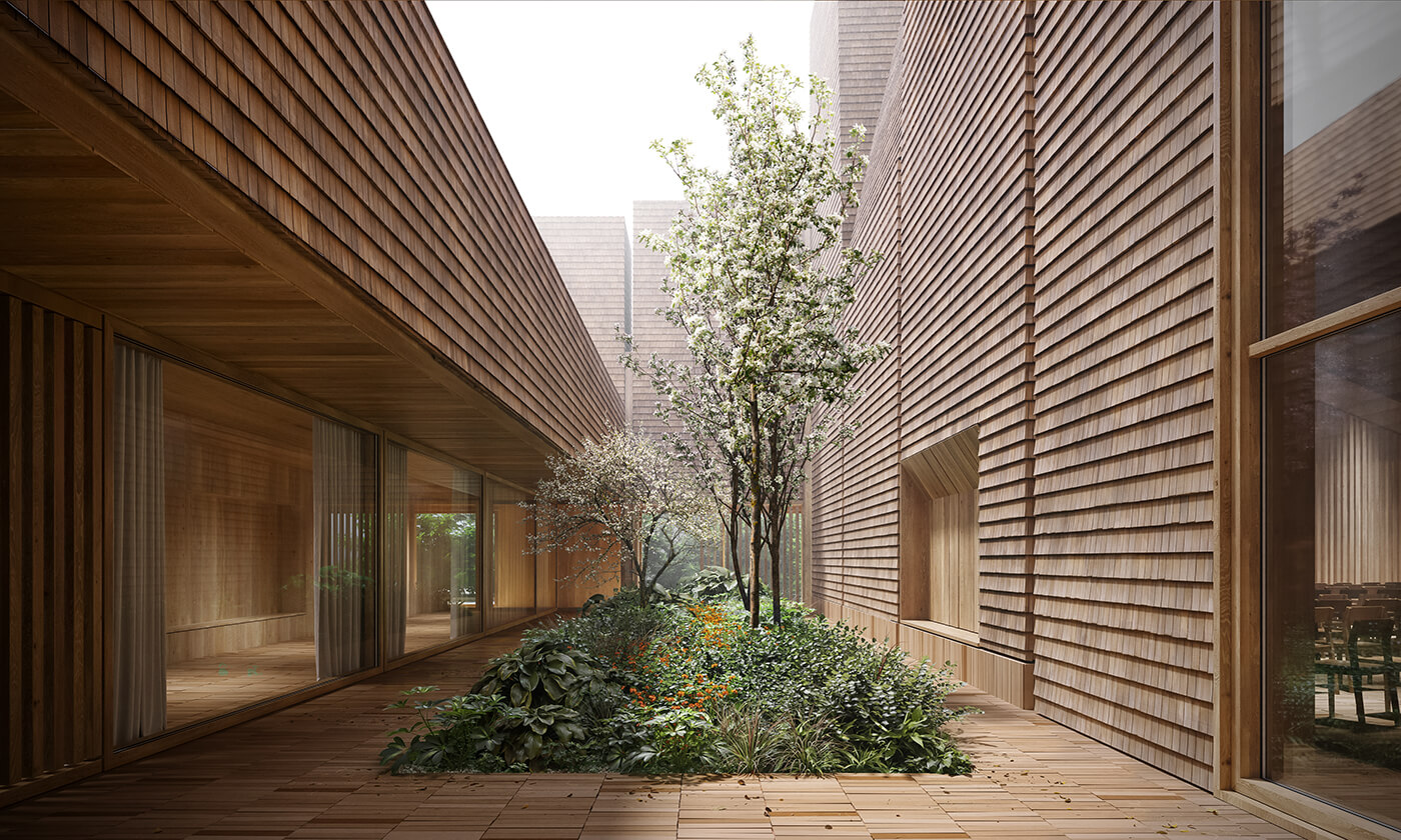 rendering of an enclosed courtyard surrounded by shingled buildings