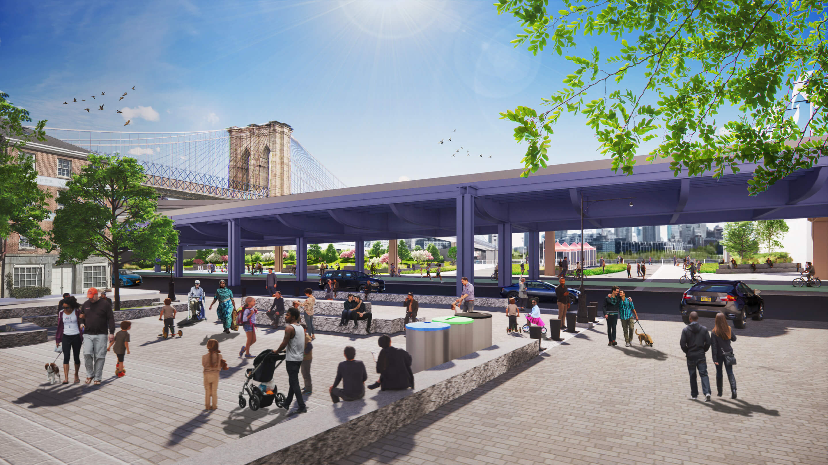 rendering of parkland and an elevated highway along manhattan's east river