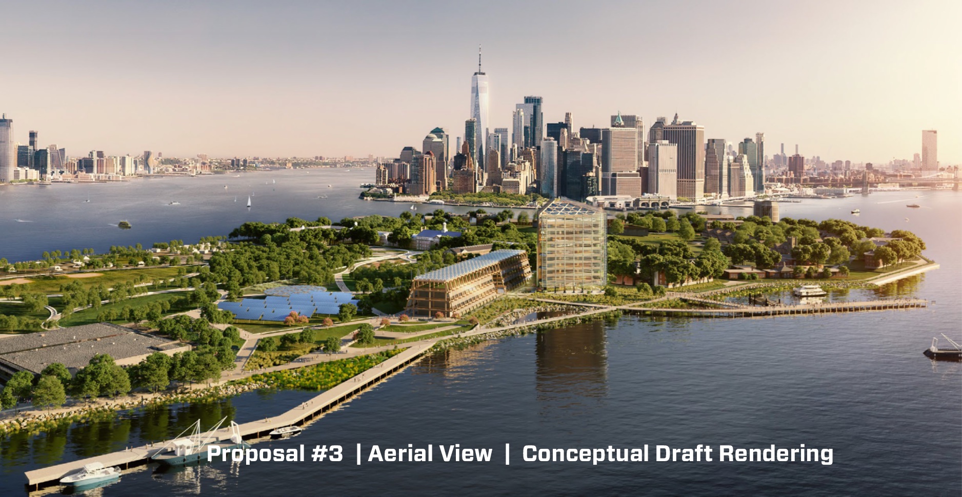 aerial rendering depicting development on governors island in new york