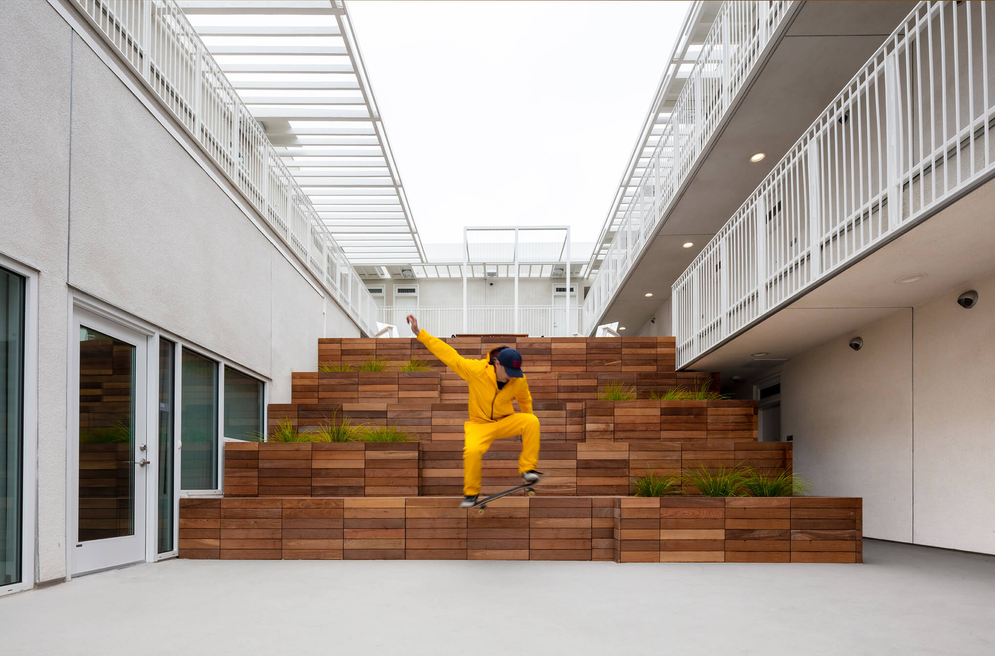 rendering of a person jumping down an outdoor social staircase