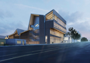 rendering of a mass timber academic building from the street